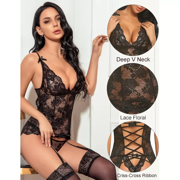 Avidlove Womens Lace Babydoll with Garter Mini Teddy Bodysuit Sexy Lingerie Backless Chemise No StockingAblack