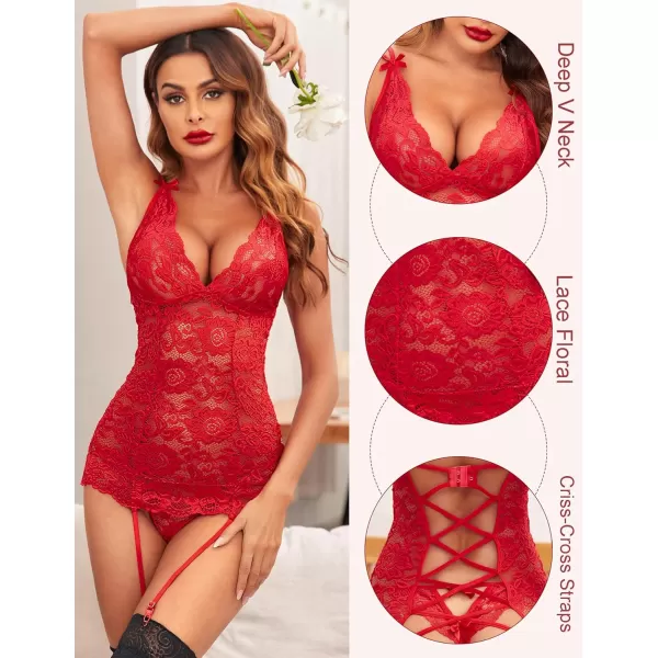 Avidlove Womens Lace Babydoll with Garter Mini Teddy Bodysuit Sexy Lingerie Backless Chemise No StockingAred