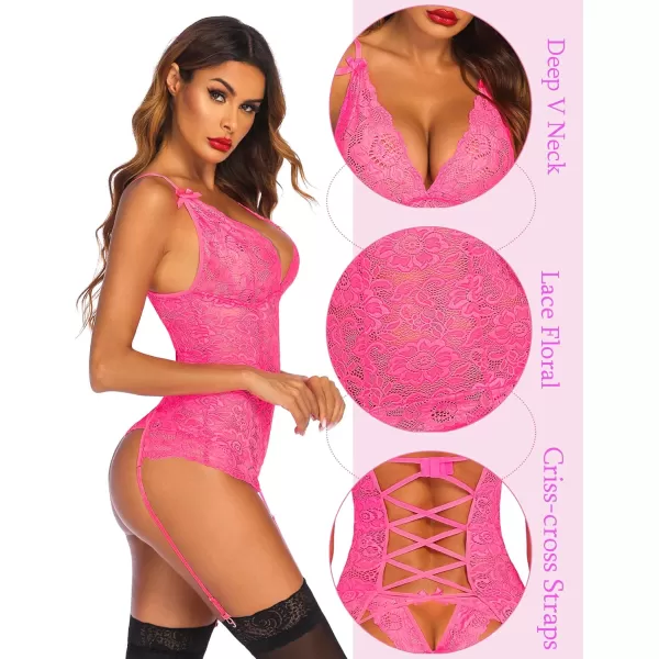 Avidlove Womens Lace Babydoll with Garter Mini Teddy Bodysuit Sexy Lingerie Backless Chemise No StockingHot Pink