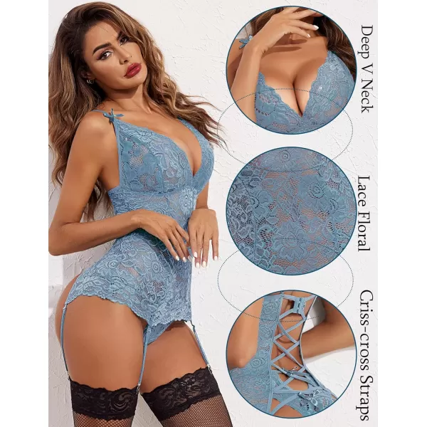 Avidlove Womens Lace Babydoll with Garter Mini Teddy Bodysuit Sexy Lingerie Backless Chemise No StockingLight Blue