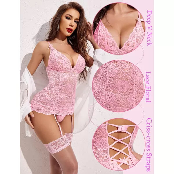 Avidlove Womens Lace Babydoll with Garter Mini Teddy Bodysuit Sexy Lingerie Backless Chemise No StockingPink