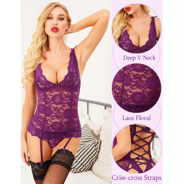 Avidlove Womens Lace Babydoll with Garter Mini Teddy Bodysuit Sexy Lingerie Backless Chemise No StockingPurple