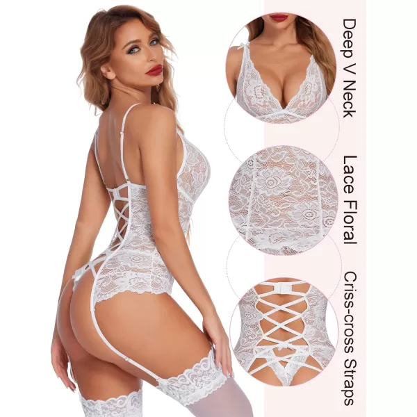 Avidlove Womens Lace Babydoll with Garter Mini Teddy Bodysuit Sexy Lingerie Backless Chemise No StockingWhite