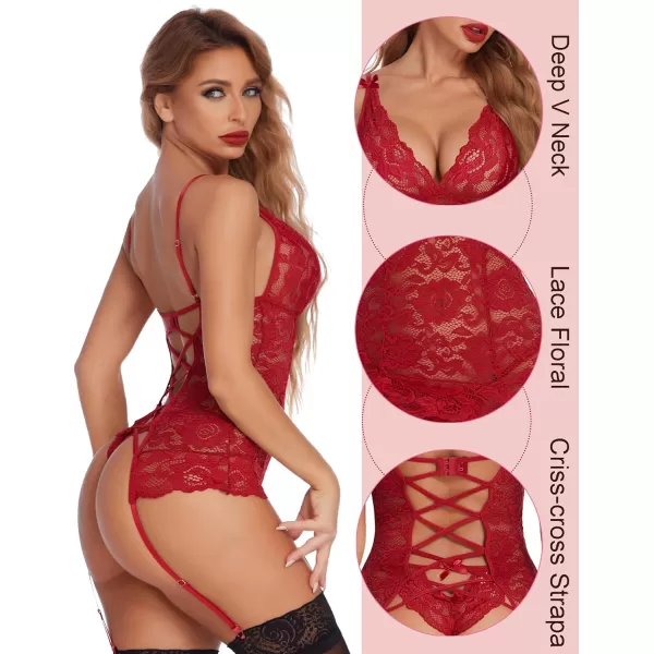 Avidlove Womens Lace Babydoll with Garter Mini Teddy Bodysuit Sexy Lingerie Backless Chemise No StockingWine Red