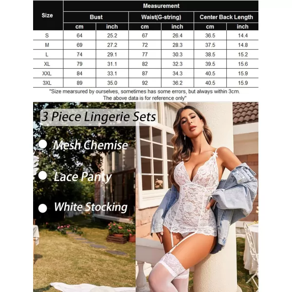 Avidlove Womens Lace Babydoll with Garter Mini Teddy Bodysuit Sexy Lingerie Backless Chemise No StockingZwhite Stocking