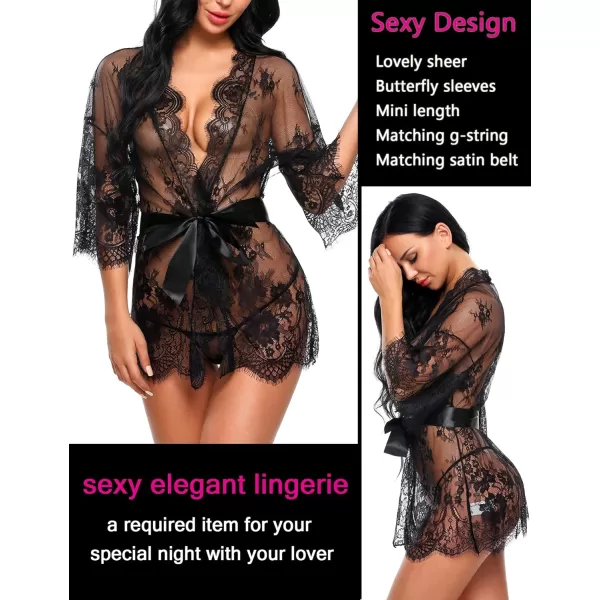 Avidlove Womens Lace Kimono Robe Babydoll Lingerie Mesh Nightgown S5XL1black