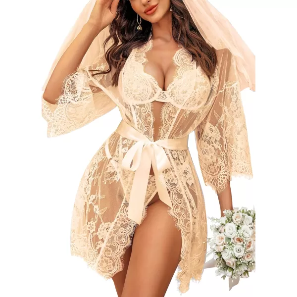 Avidlove Womens Lace Kimono Robe Babydoll Lingerie Mesh Nightgown S5XLApricot