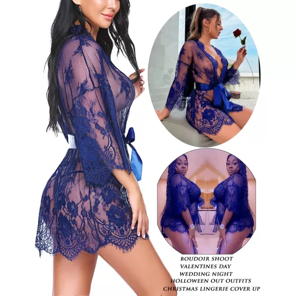 Avidlove Womens Lace Kimono Robe Babydoll Lingerie Mesh Nightgown S5XLBlue