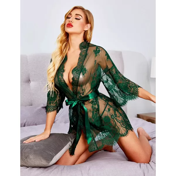 Avidlove Womens Lace Kimono Robe Babydoll Lingerie Mesh Nightgown S5XLDark Green