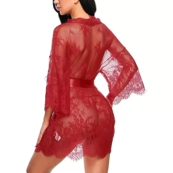 Avidlove Womens Lace Kimono Robe Babydoll Lingerie Mesh Nightgown S5XLDark Red