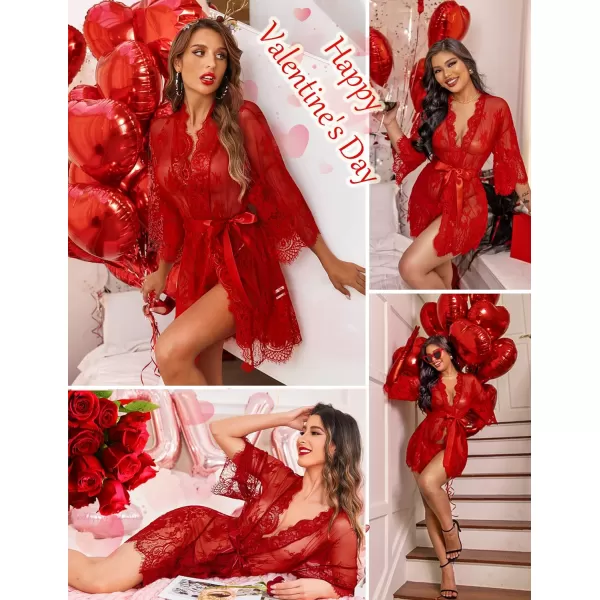 Avidlove Womens Lace Kimono Robe Babydoll Lingerie Mesh Nightgown S5XLDark Red