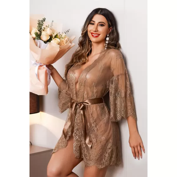 Avidlove Womens Lace Kimono Robe Babydoll Lingerie Mesh Nightgown S5XLKhaki