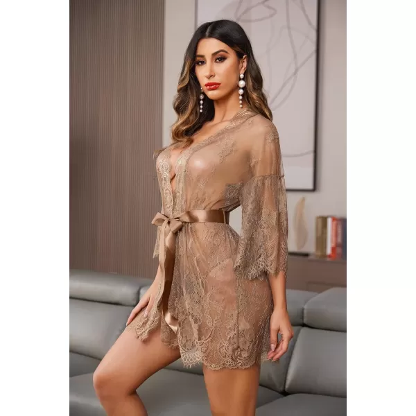 Avidlove Womens Lace Kimono Robe Babydoll Lingerie Mesh Nightgown S5XLKhaki