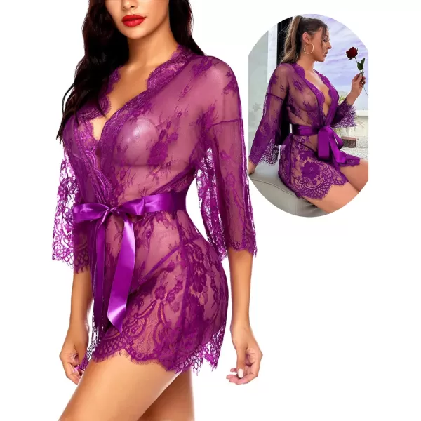 Avidlove Womens Lace Kimono Robe Babydoll Lingerie Mesh Nightgown S5XLLavender