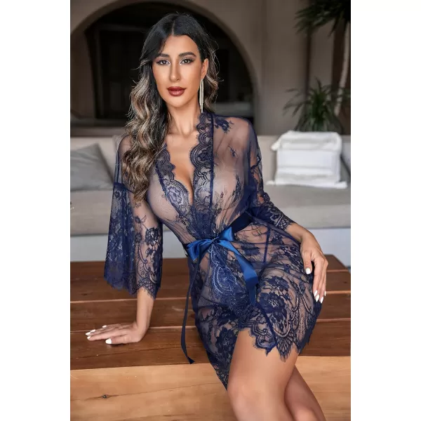 Avidlove Womens Lace Kimono Robe Babydoll Lingerie Mesh Nightgown S5XLNavy Blue