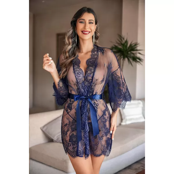 Avidlove Womens Lace Kimono Robe Babydoll Lingerie Mesh Nightgown S5XLNavy Blue