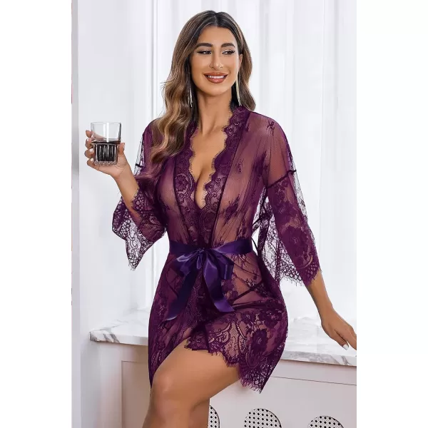 Avidlove Womens Lace Kimono Robe Babydoll Lingerie Mesh Nightgown S5XLPurple