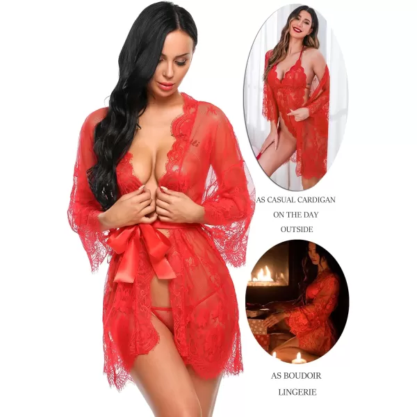 Avidlove Womens Lace Kimono Robe Babydoll Lingerie Mesh Nightgown S5XLRed