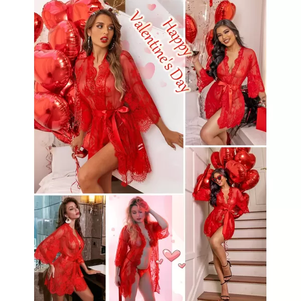 Avidlove Womens Lace Kimono Robe Babydoll Lingerie Mesh Nightgown S5XLRed