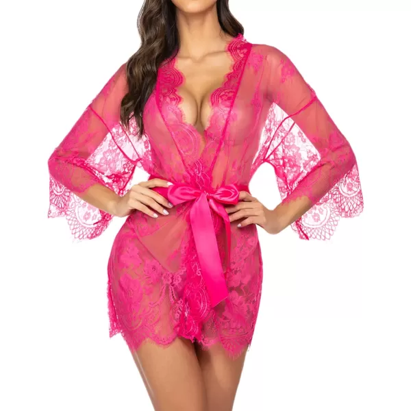 Avidlove Womens Lace Kimono Robe Babydoll Lingerie Mesh Nightgown S5XLRose Red