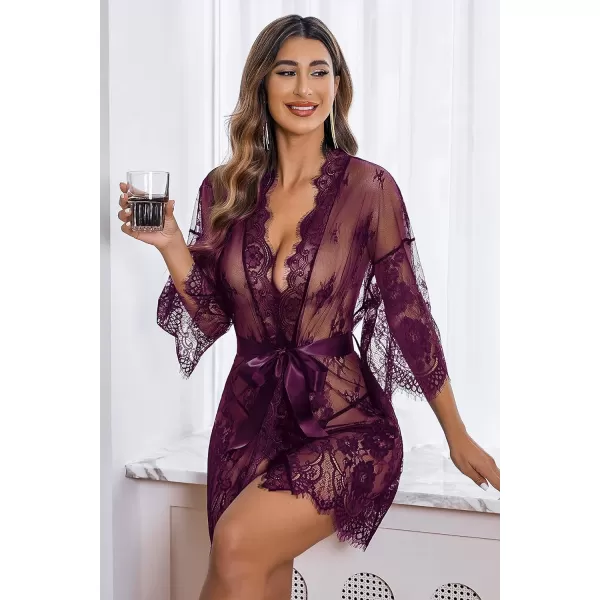 Avidlove Womens Lace Kimono Robe Babydoll Lingerie Mesh Nightgown S5XLWine Red