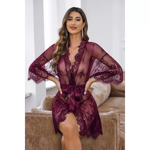 Avidlove Womens Lace Kimono Robe Babydoll Lingerie Mesh Nightgown S5XLWine Red