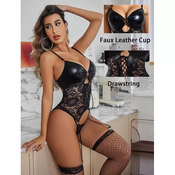 Avidlove Womens Lingerie Faux Leather Lingerie Lace Teddy Bodysuit Sexy Corset With Garter BeltBlack