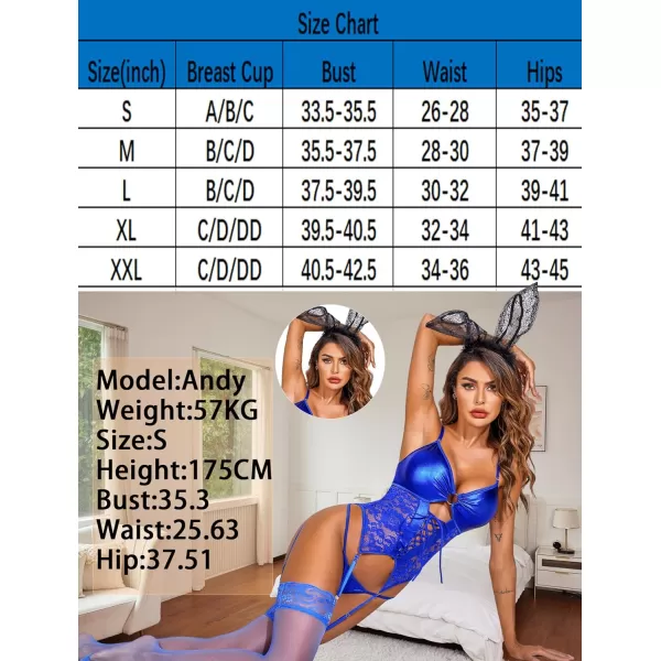 Avidlove Womens Lingerie Faux Leather Lingerie Lace Teddy Bodysuit Sexy Corset With Garter BeltBlue