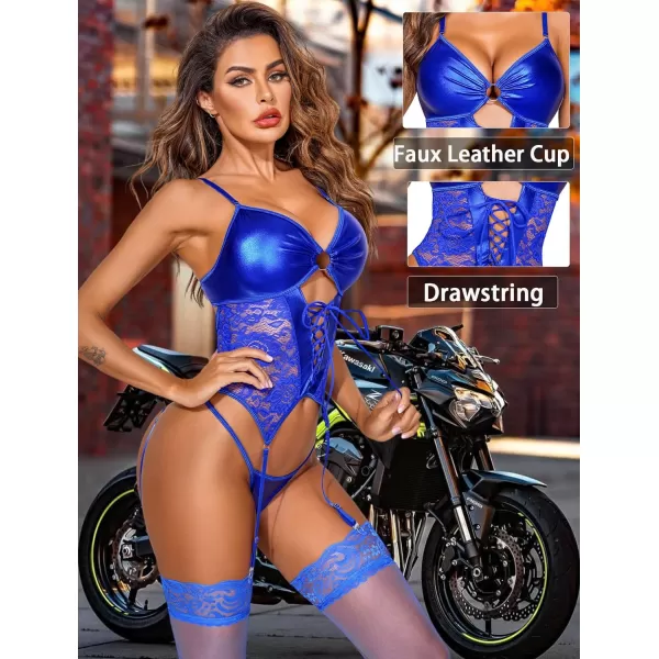 Avidlove Womens Lingerie Faux Leather Lingerie Lace Teddy Bodysuit Sexy Corset With Garter BeltBlue