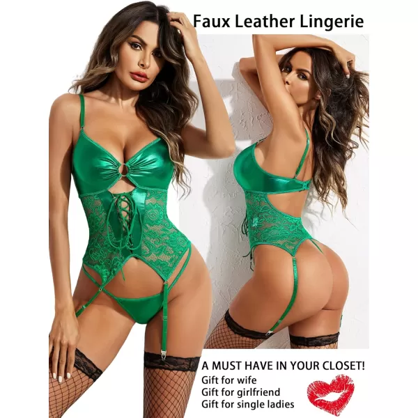 Avidlove Womens Lingerie Faux Leather Lingerie Lace Teddy Bodysuit Sexy Corset With Garter BeltGreen