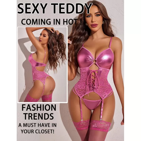 Avidlove Womens Lingerie Faux Leather Lingerie Lace Teddy Bodysuit Sexy Corset With Garter BeltLight Purple