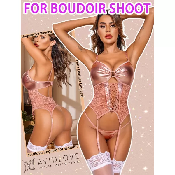 Avidlove Womens Lingerie Faux Leather Lingerie Lace Teddy Bodysuit Sexy Corset With Garter BeltPink