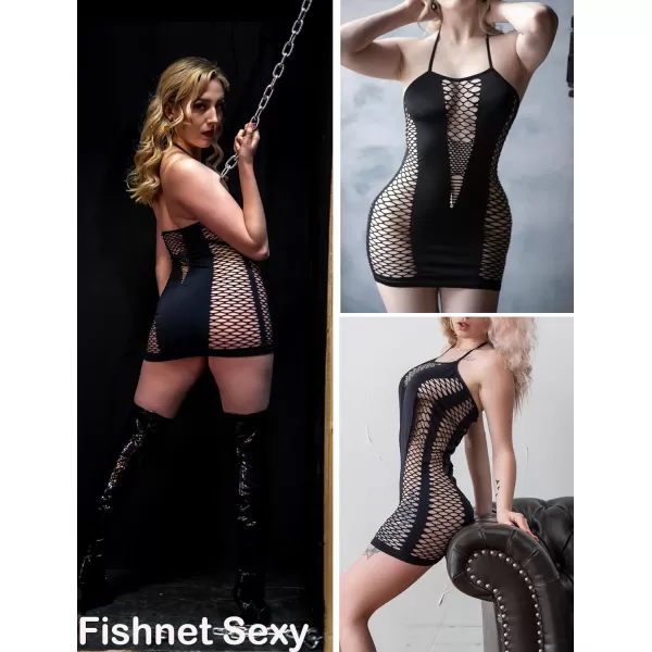 Avidlove Womens Lingerie Fishnet Dress Mesh Badydoll Fishnet Bodysuit See Through ChemiseBlack