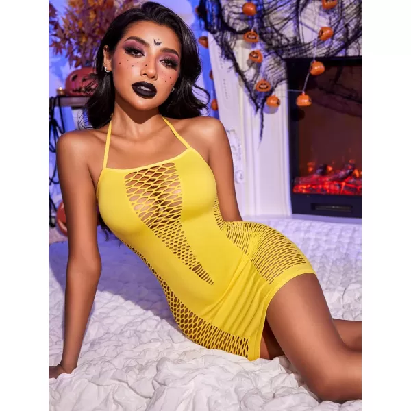 Avidlove Womens Lingerie Fishnet Dress Mesh Badydoll Fishnet Bodysuit See Through ChemiseYellow