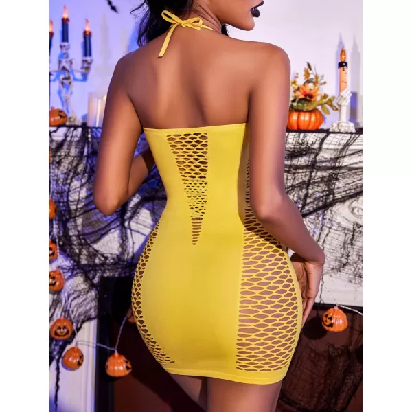 Avidlove Womens Lingerie Fishnet Dress Mesh Badydoll Fishnet Bodysuit See Through ChemiseYellow