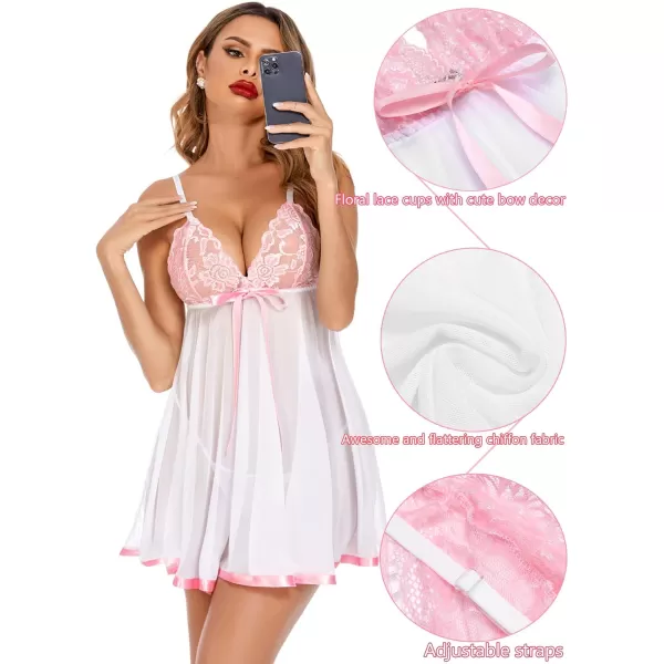 Avidlove Womens Lingerie Lace Babydoll Strap Chemise Mesh Sleepwear OutfitsA WhitePink