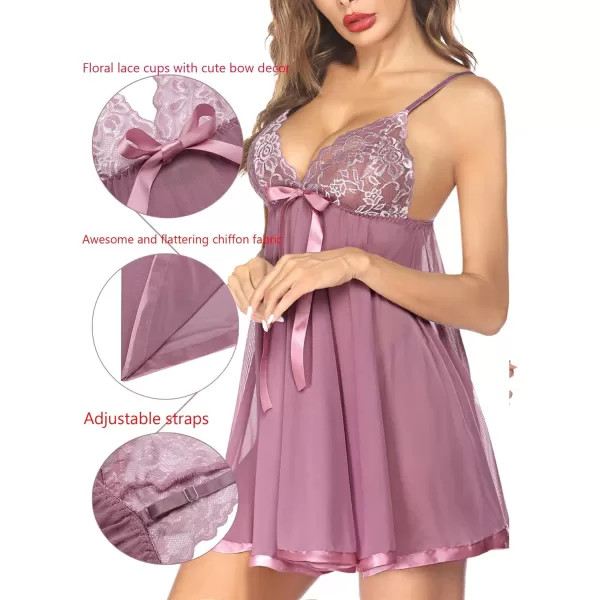 Avidlove Womens Lingerie Lace Babydoll Strap Chemise Mesh Sleepwear OutfitsMauve