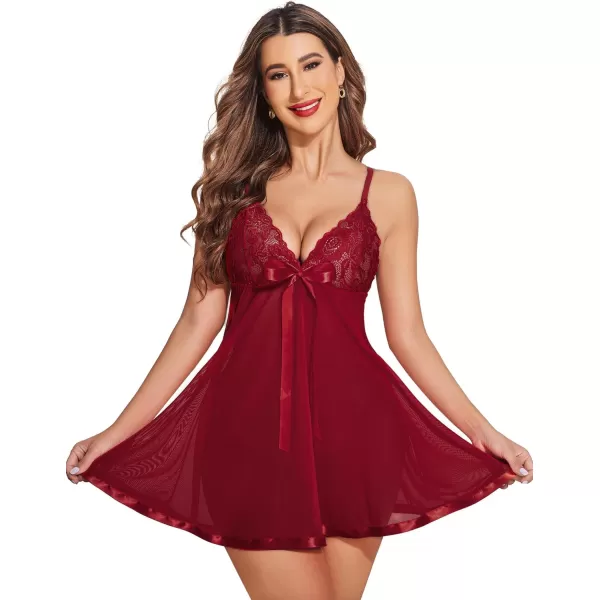 Avidlove Womens Lingerie Lace Babydoll Strap Chemise Mesh Sleepwear OutfitsWine Red 2