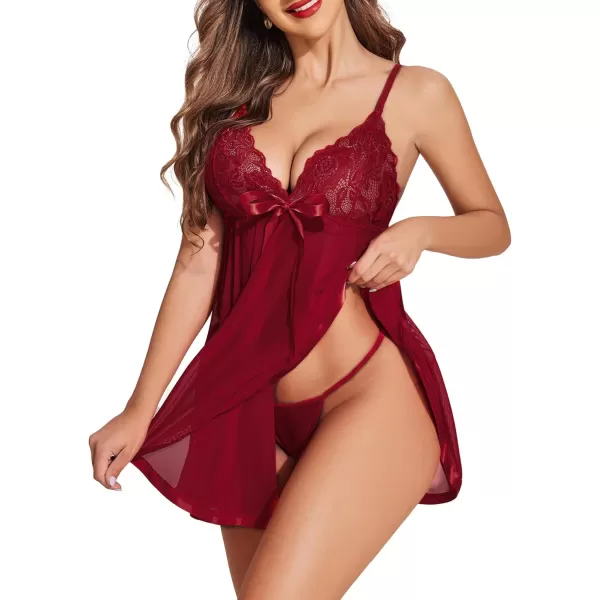 Avidlove Womens Lingerie Lace Babydoll Strap Chemise Mesh Sleepwear OutfitsWine Red 2