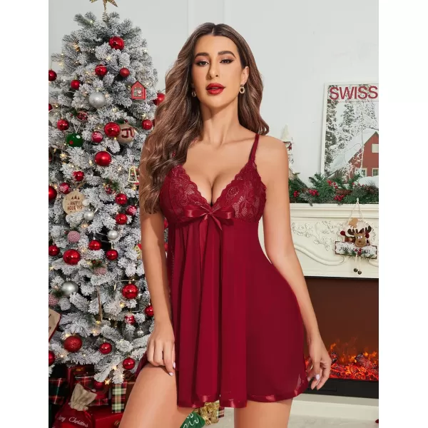 Avidlove Womens Lingerie Lace Babydoll Strap Chemise Mesh Sleepwear OutfitsWine Red 2