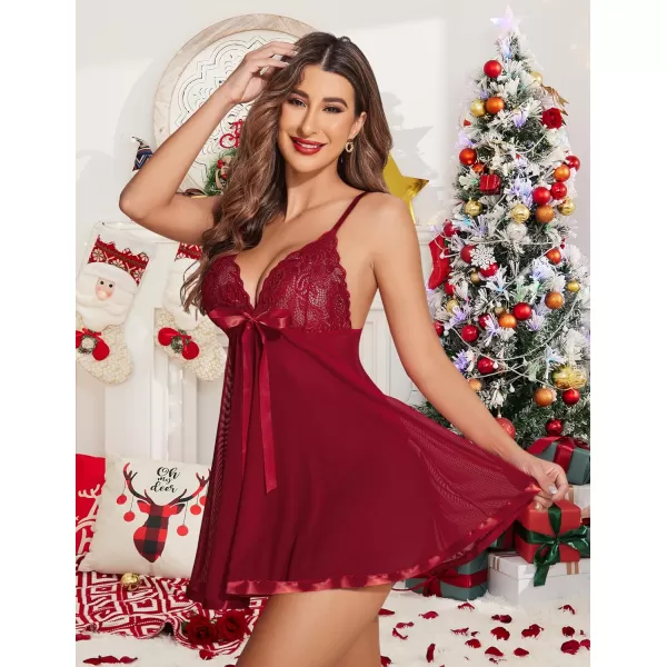 Avidlove Womens Lingerie Lace Babydoll Strap Chemise Mesh Sleepwear OutfitsWine Red 2