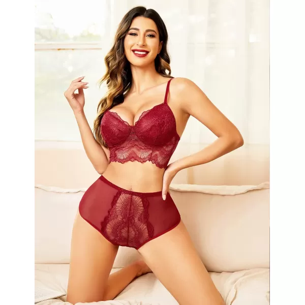 Avidlove Womens Lingerie Set Lace Flowers Bralette and High Waist Panty Outfits UnderwearDark Red