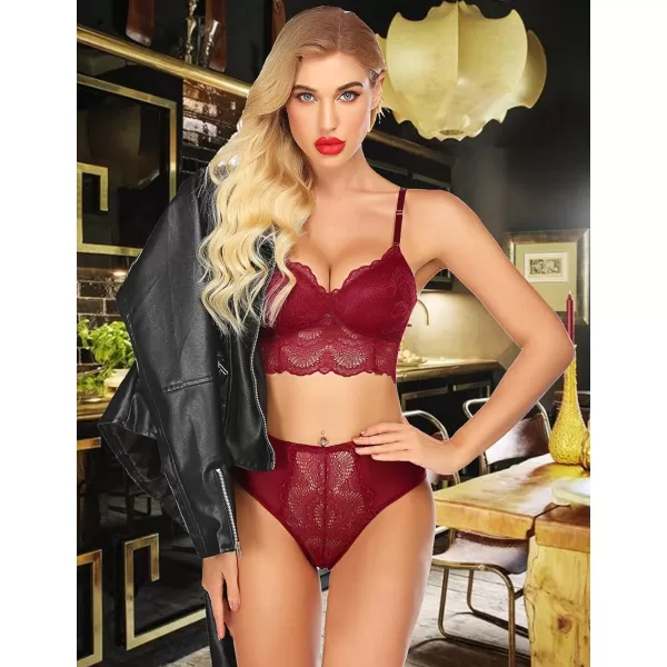 Avidlove Womens Lingerie Set Lace Flowers Bralette and High Waist Panty Outfits UnderwearDark Red