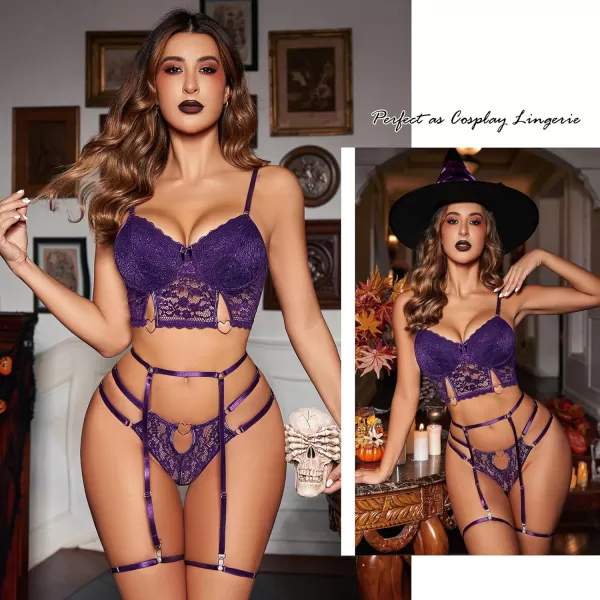 Avidlove Womens Lingerie Set with Underwire Sexy Garter Lingerie Strappy Floral Lace Bra and Panty SetPurple