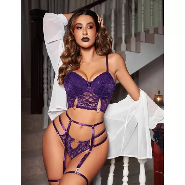 Avidlove Womens Lingerie Set with Underwire Sexy Garter Lingerie Strappy Floral Lace Bra and Panty SetPurple