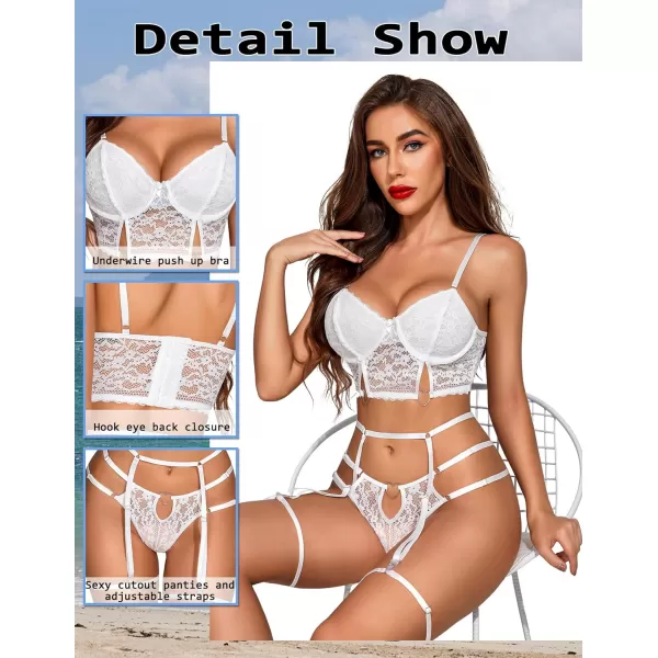 Avidlove Womens Lingerie Set with Underwire Sexy Garter Lingerie Strappy Floral Lace Bra and Panty SetWhite