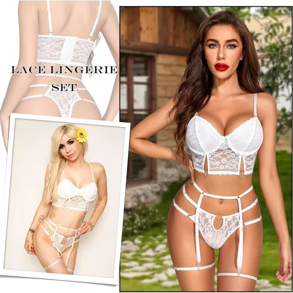 Avidlove Womens Lingerie Set with Underwire Sexy Garter Lingerie Strappy Floral Lace Bra and Panty SetWhite