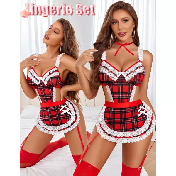 Avidlove Womens Lingerie Sets Lace V Neck Teddy Babydoll 3 Pack Lingerie Costumes Sleepwear Dress SXXLRed Plaid