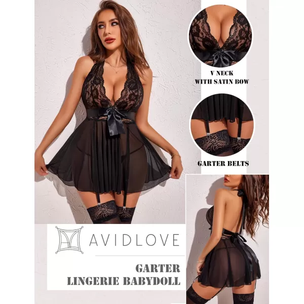 Avidlove Womens Lingerie Sexy Lace Babydoll Halter V Chemise Sleepwear with Garter Belt XS3XL0 Black