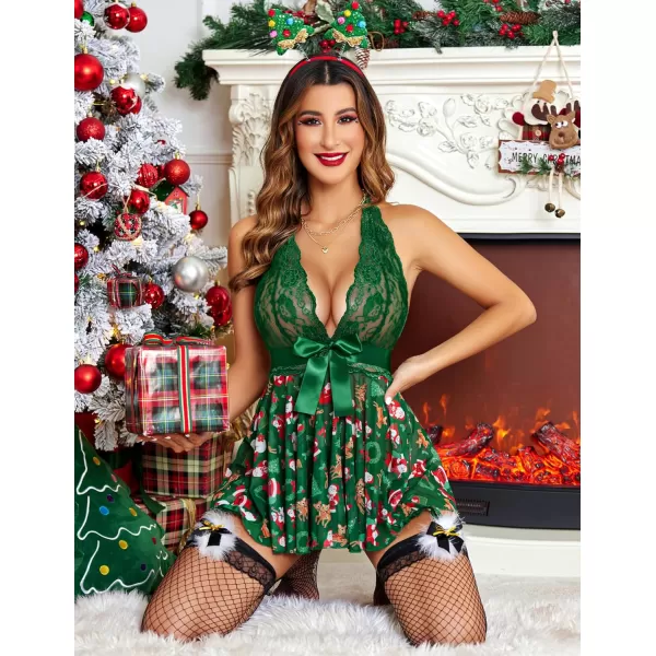 Avidlove Womens Lingerie Sexy Lace Babydoll Halter V Chemise Sleepwear with Garter Belt XS3XLChristmas Green Pattern